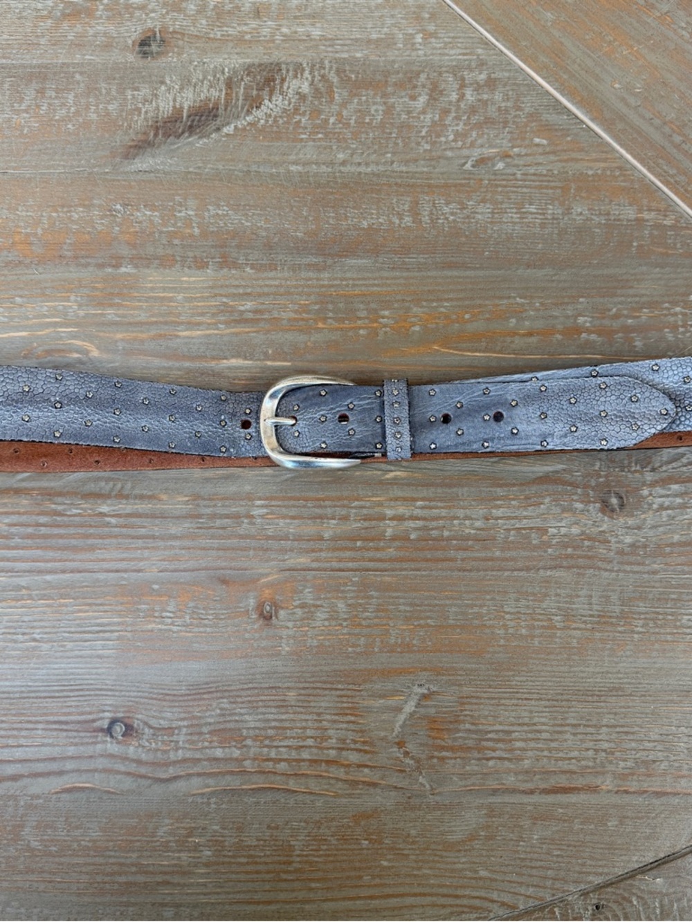 B.Belt Women's Gray Studded Leather Belt with Silver Buckle